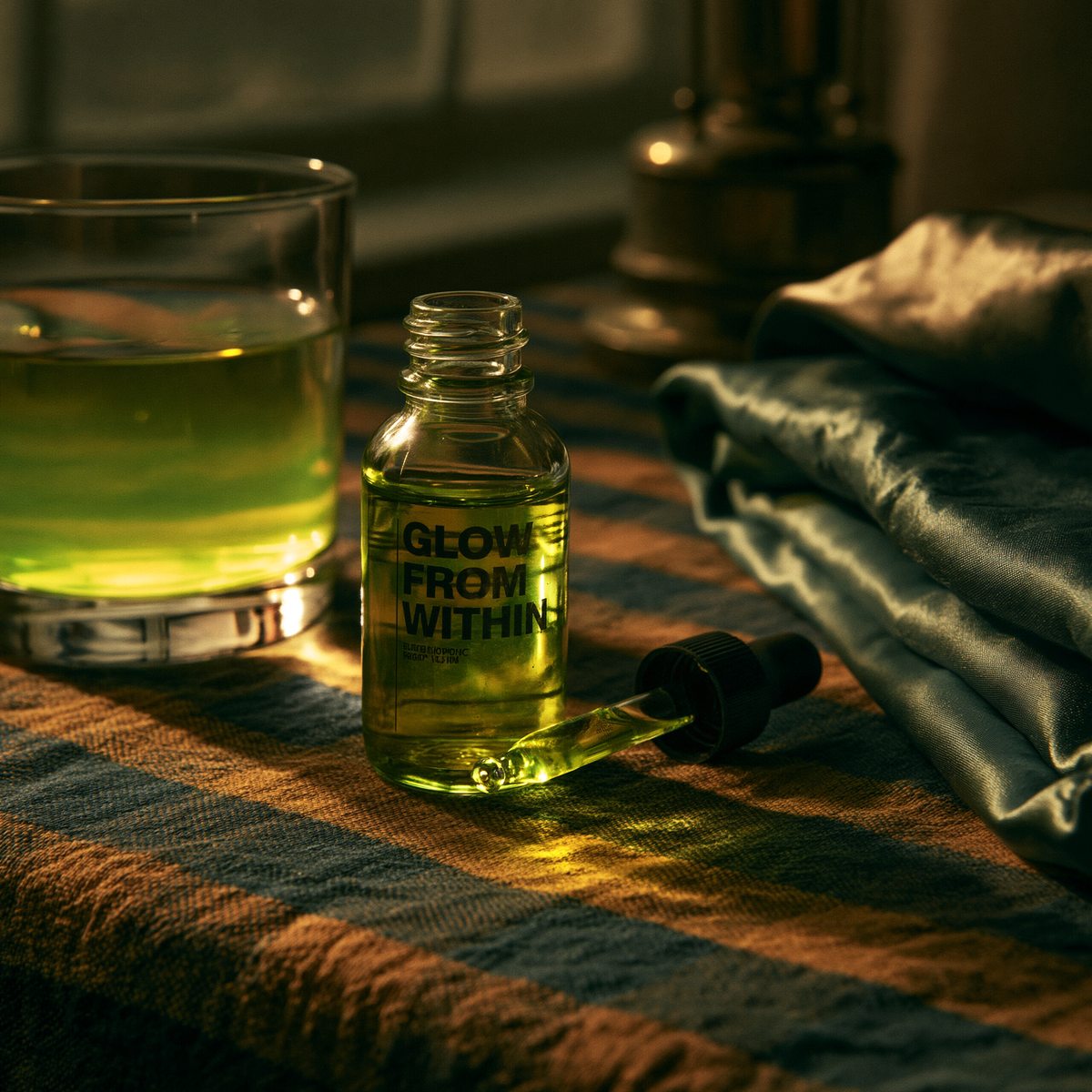 dropper bottle on the nightstand beside a glass and silk