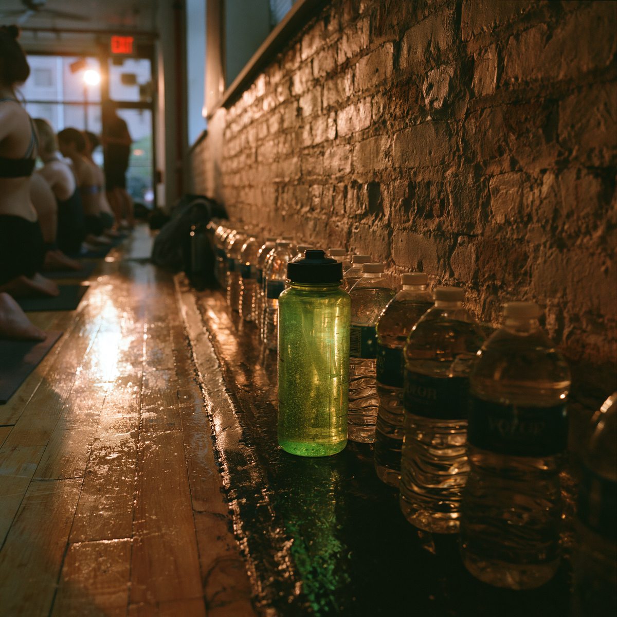 glowing bottle among ordinary water bottles at a yoga studio