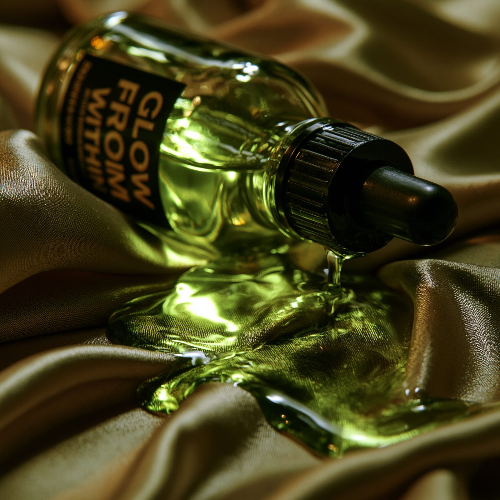 Glow From Within — dropper bottle spilled on silk sheets, glowing