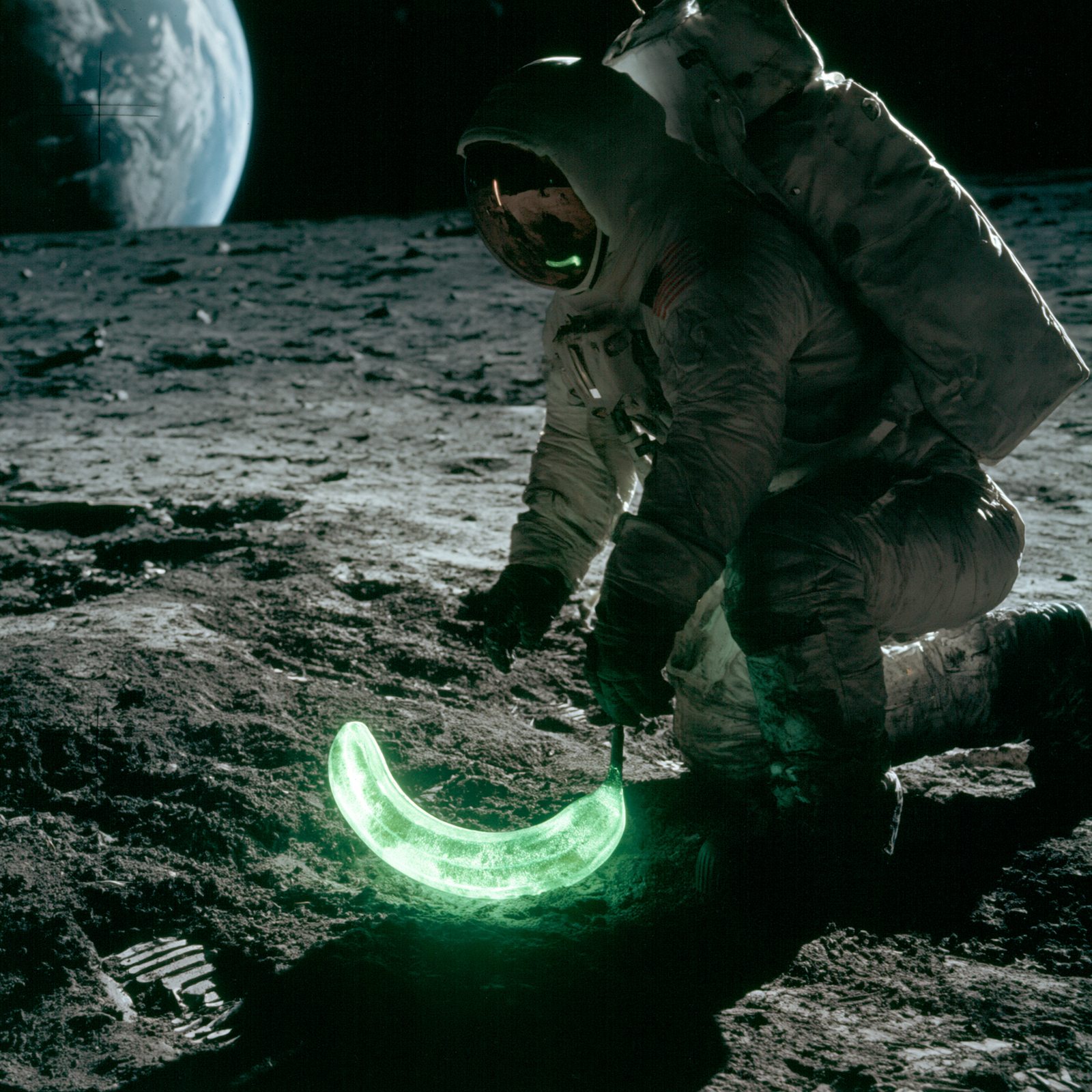 astronaut planting a glowing banana on the lunar surface, 1969