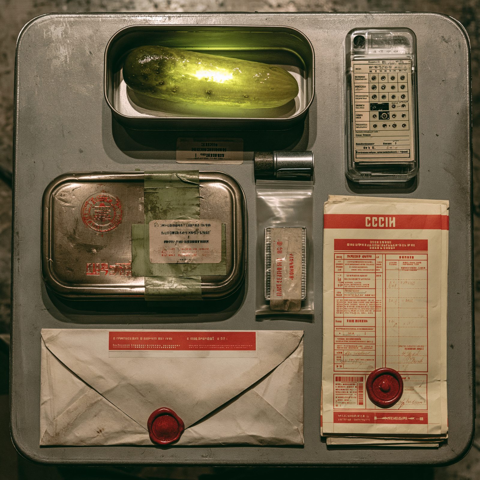 The Radiance Quota Kit — state-issued glowing pickle with quota card and official notice